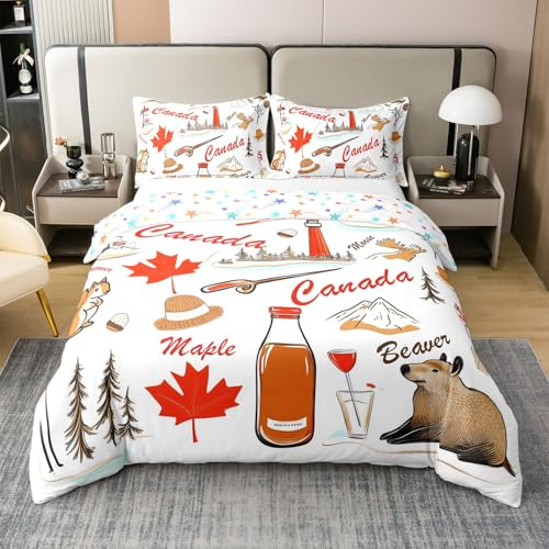 Canada Landmark Cotton Queen Size Bedding Set,Wild Animal Beaver Moose Hand Graffiti Duvet Cover(No Comforter) for Bedroom,Red Maple Leaves Pine Trees Rustic Natural Quilt Cover,3Pcs