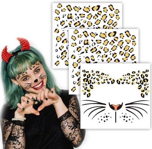 ZELAITE Gesichtstattoo Leopard Temporäre Tattoos, Face Tattoo Leopard Gesichtstattoo Karneval Leoparden, Kinder Party Gesicht Aufkleber für Halloween Party Karneval Festival (B)