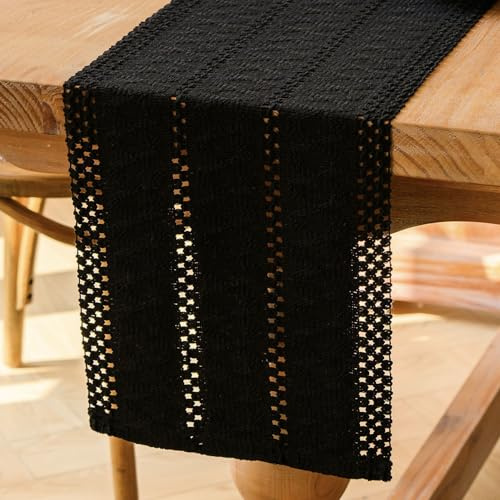 Jayusaror Tischläufer Schwarz Boho Makramee Modern Frühling Bauernhaus Klein Tischdecke Schmal Landhausstil Rustikaler Tisch Läufer Baumwolle Leinen Table Runner für Hochzeit Party Deko 30x140 cm