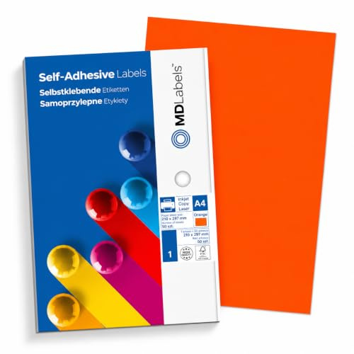 MD Labels Etichette adesive universali, DIN A4, stampabili, in arancione fluo, 210 x 297 mm, 50 etichette