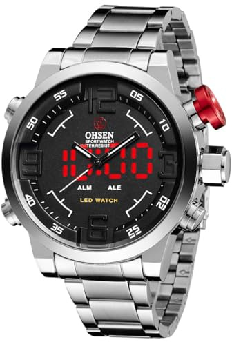 Alienwork DualTime Montre Analogique-LED Homme Femme Argent Bracelet en Métal Acier Calendrier Date-Mois-Année Noir Multifonction Fuseaux Horaires Multiples