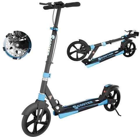 MEE GOO Trottinette adulte pliable avec frein à disque et double amortisseur, roues en polyuréthane de 200 mm, roulement à billes ABEC-7, plateau antidérapant (rose/blanc/bleu), charge maximale : 100