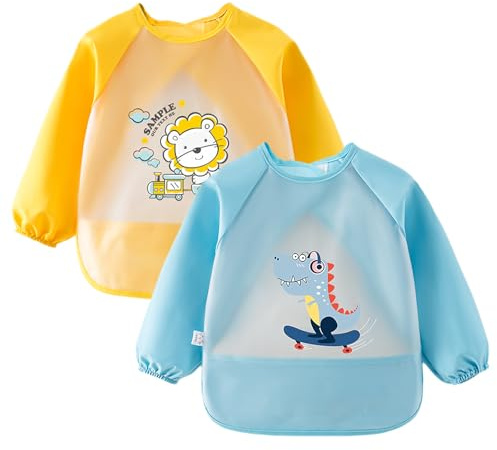Bavaglini pappa svezzamento, 2 pack bavaglino con maniche, blu e giallo