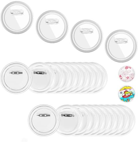 30 Stück Buttons Selber Machen, DIY Transparente Ohne Buttonmaschine, Acryl Ansteckbuttons mit Sicherheitsnadel für Bild, Foto, Kleidung, Schule, 58mm