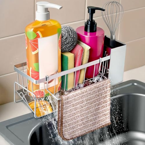 USHOP Organizer för Diskho med Självtömmande Avtappningsbäcken och Stöd för Diskbaljor, I 304 Rostfritt Stål, Montering utan Borrning, Förvarare för Borstar, Svampar, Tvål och Mer (Silver)