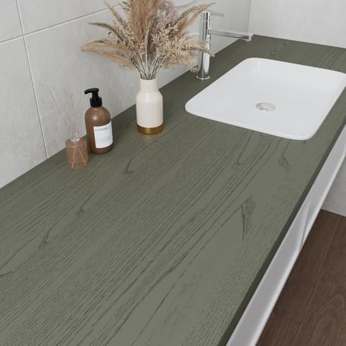 VaryPaper Selbstklebende Tapete Holzoptik Graugrün 40cmx200cm Holztapete Grün Klebefolie Holzoptik Möbelfolie Arbeitsplatte Küche Klebefolie Tisch Schrank Türfolie Wandtapete Wohnzimmer Treppen