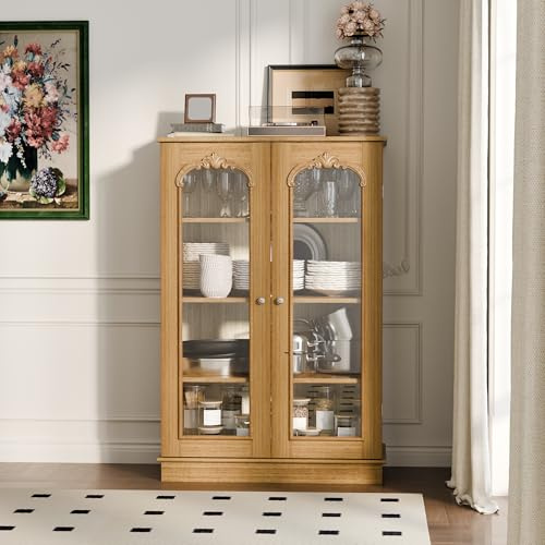 PREMTURE Kücheschrank Vitrinenschrank aus Massivholz mit Glastüren, Vintage Buffetschrank mit 3 Einlegeböden, Küchenbuffet oder Bücherregal, Glasschrank aus Kiefernholz, 80x40x120 cm, Naturholzoptik