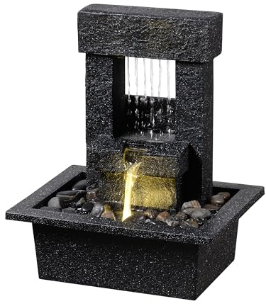 Indoor Tabletop Water Fountain with LED Light – Modern Black Desk Waterfall Feature with Soothing Sounds and River Rocks, Relaxation Zen Decor for Home Office Bedroom