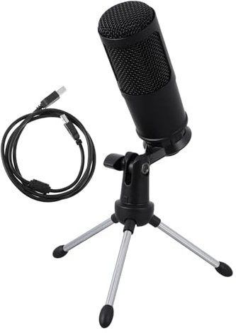 FRCOLOR Microfono a Condensatore USB Cardioide 192khz/24bit | Nero, Lega di Zinco, Cavo Dati Incluso, Treppiede e Supporto, Regolazione Volume Semplice, per Laptop