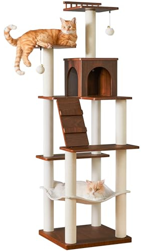 Quuzee Arbre à Chat Moderne 163 cm - Tour pour Chats d'Intérieur, Condo Multi-Niveaux avec 7 Poteaux à Griffer Entièrement Recouverts, 2 Perchoirs, Hamac et Coussin Amovible - Brun Noyer