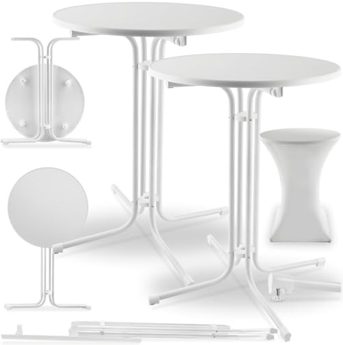 tectake® Set da 2 Tavolo Alto Pieghevole da Ristorante, Copertura 90 x 110 cm, Tavolo Bistrot, Tondo Pieghevole, Piano MDF Removibile, Telaio in Acciaio, Piedi in Plastica, Tavoli da Bar - Bianco