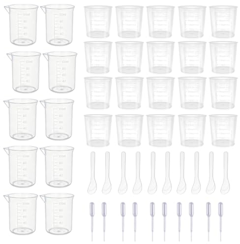 AVUELOI Vasos medidores,30 unidades(100ml+30ml),plástico,10 batidores+10 pipetas,herramientas precisión,accesorios medida,manualidades,decoración,pintura,utensilios creación