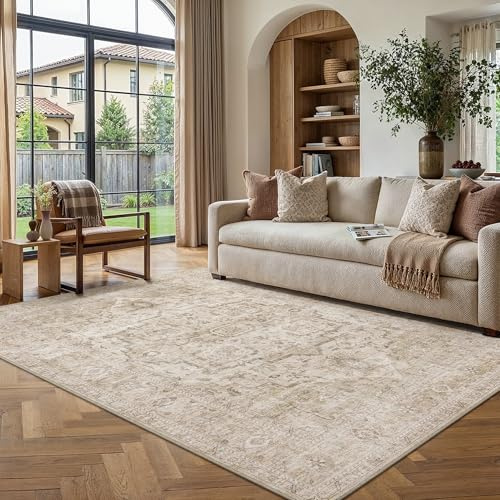 PureCozy Vintage Beige Teppich Wohnzimmer 160x230cm Waschbarer Teppiche | Wohnzimmerteppich,Rutschfest Waschbar Carpet,Groß Carpets,Bettvorleger,Küche,Büro,Schlafzimmer,Esszimmer,Kurzflor Rug