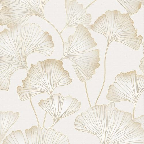 Douthfolle Papier peint autocollant, motif feuilles de ginkgo beige blanc et doré clair, film adhésif épais amovible 44x500CM pour rénovation murale