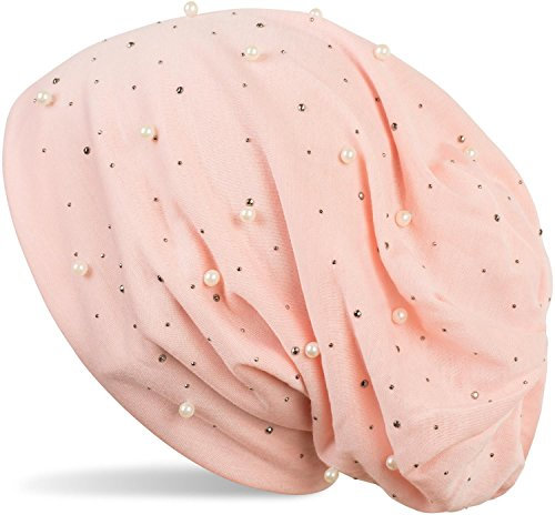 styleBREAKER Beanie Mütze mit Perlen und Strass Nieten, Slouch Longbeanie, Damen 04024140, Farbe:Rose
