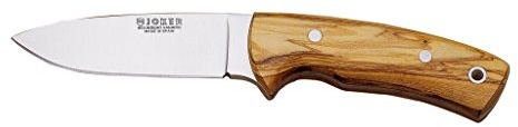 Joker Bushcraft kniv CO25 Corzo, olivträhandtag, bälteskniv med 10 cm MOVA stålblad, brun läderslida, verktyg för fiske, jakt, camping och vandring