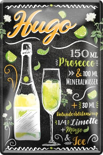 schilderkreis24 – Blechschild Cocktail Rezept Deko Bar Küche Kneipe Pub Theke Geschenk Geschenkidee Geburtstag Weihnachten Longdrink Tonic Spirituosen Trinker 20x30 cm (Hugo Flasche)