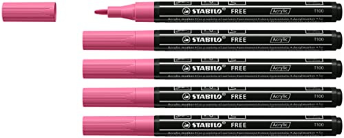 STABILO FREE Acrylic - Marker acrilico - T100 Punta rotonda 1-2mm - Confezione da 5 - Rosa