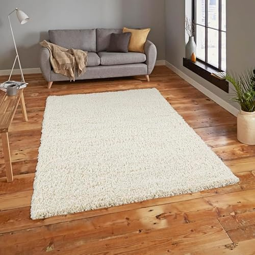 Everest 5cm shaggy Rugs for living room thick pile modern rugs for bedroom, kitchen, hallway, runner, kids' room, small to Large fluffy carpet, Cream 40x60cm small mat