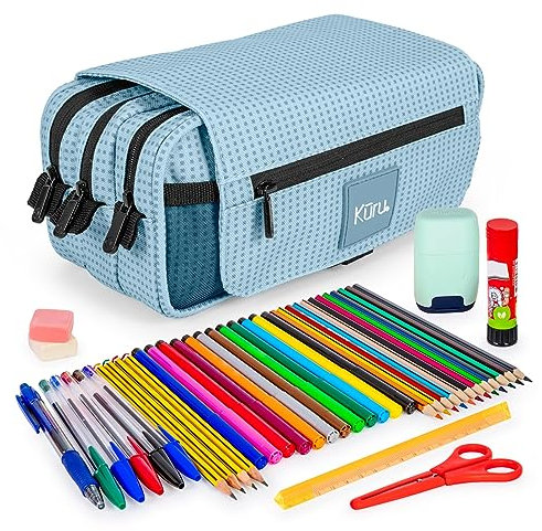 ColePack Kuru - Set aus Dreifach-Schulmappe mit 3 Reißverschlüssen und Schulbedarf der Top-Marken Enthalten (Blau)