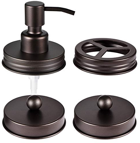 Komashr Mason Jar Bathroom Accessories Lids Set(4pcs) - Jar Not Included - Soap Dispenser,Toothbrush Holder, Apothecary Jars Lids for Regular Mouth Mason Jars - Rustproof Stainless Steel，Bronze