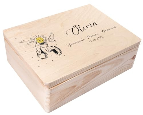 Creative DECO Caja Regalo Personalizada Primera Comunión para Niños y Niñas | Caja de Memoria de Madera| Personalizado - Cáliz y Paloma | Impreso | Personalizadas para Niño y Niña | Personalizados