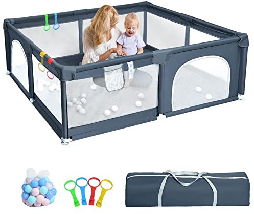 HABOWN Parque Infantil Bebe de 150x180cm - Parques de Juegos para Bebé con Malla Transpirable, Corralito Bebe Plegable con 50 Bola de Océano y 4 Anillas para Niños, gris