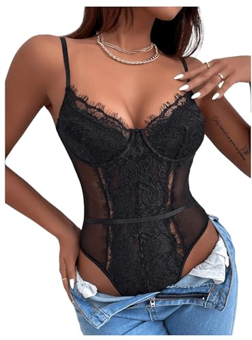 SHENHE Women's Floral Lace Spaghetti Strap Sheer Mesh Sleeveless Cami Bodysuit Tops Black M