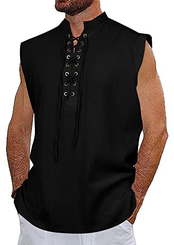 NANAMEEI Camicia da uomo in lino, senza maniche, da spiaggia, estiva, medievale, stile vichingo, con lacci, rinascimentale, viktorian steampunk