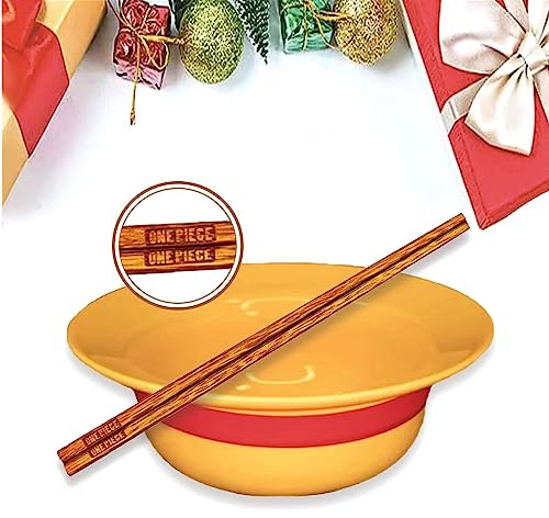 Franna Anime Luffyy Straw Hat-Bowl Merch Ramen Bowl with Sticks Merchandise Luffy Bowl Straw Hat Ceramic Cereal Bowl Ramen Soup Bowl Set for Udon Noodles Grain Salad Friend Gift, lufeiwan-1