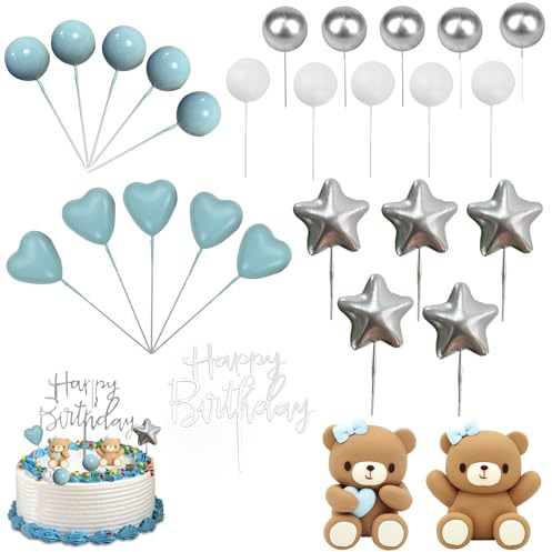 Taicols 28 Stück Teddybär Kuchen Deko, Baby Tortendeko, Happy Birthday Cake Topper DIY Hochzeit für Hochzeitstag Geburtstag Babypart (Blau)