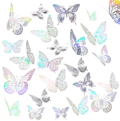 cpqakb 3D Butterfly Sticker 4 Styles 3 Size Decoration Removable Metallic Wall Sticker Room Mural Decals for Kids Bedroom Nursery Classroom Wedding Butterflies Decor DIY Gift (Lasers Silvery 48 Pcs)