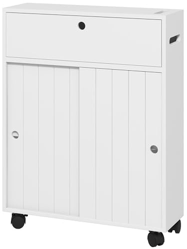 kleankin Meuble de Rangement Portes Coulissantes WC 52x17x67 cm Blanc | Salle de Bain, pour Papier Toilette, Plusieurs Compartiments, sur Roulettes, Meuble de Toilette