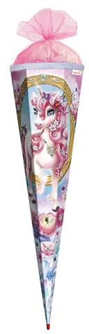 ROTH Schultüte groß Einhorn Beauty 85 cm - Glitter & Glitzerborte, eckig Rot(h)-Spitze Tüllverschluss - Zuckertüte Einhorn Beauty Schulanfang