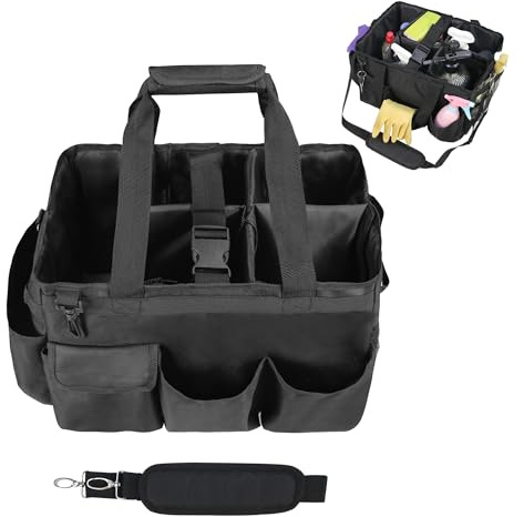BIGACORN Cleaning Caddy Bag, Large 900D Fabric Organizer, Adjustable Shoulder Straps, Multiple Pockets, Car Cleaning Supplies, Hairstylist Traveling Bag (Black)