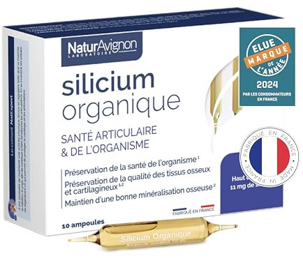 NaturAvignon Silicium Organique liquide | Articulation, cartilage, os, systeme immunitaire adulte | silice naturelle | Silicium 4 X plus biodisponible | 10 ampoules I Fabriqué en France