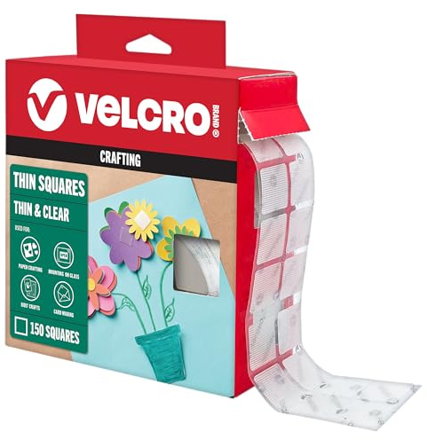 VELCRO Brand Punti trasparenti sottili con adesivo, quadrati, 150 pezzi, quadrati di montaggio, nastro biadesivo per ufficio, aula, insegnanti, must have | basso profilo, 7/8