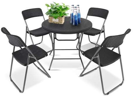 Sekey Balkonset 5 Teilig, Klappbar Balkonset Kleiner Balkon 4 Personen, Bistro Gartenmöbel Set Rattan Wetterfest, Belastbarkeit Klappstuhl 200KG & Klapptisch 50KG, Balkonmöbel Set Bistro