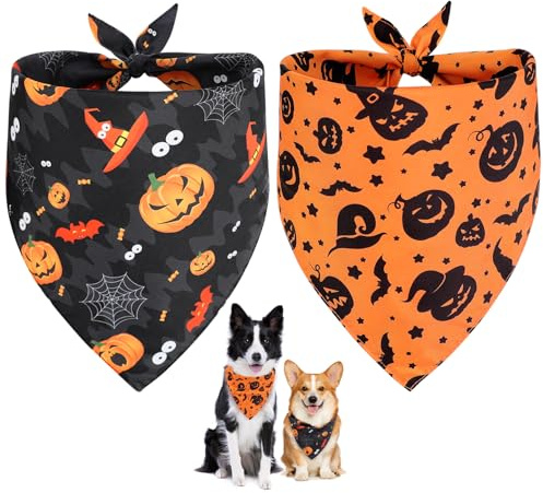 Vivifying Dog Halloween Bandanas, 2Pcs Pet Triangle Scarf Dog Bandanas with Witch and Pumpkin Pattern, Dog Halloween Costumes for Small,Medium and Large Dogs (L,Black&Pumpkin Orange)