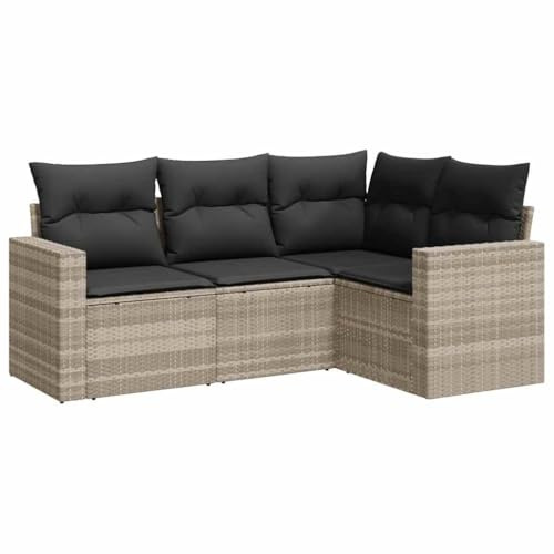 vidaXL Garten Sofa Garnitur 4-TLG., Gartenmöbel Set mit Kissen Stauraum, Sitzgruppe für Garten Terrasse, Modular Gartensofa Lounge, Hellgrau Poly Rattan