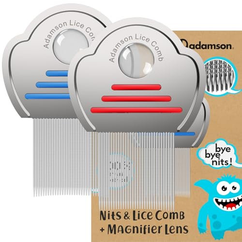 Adamson Lice Comb Duo - Stainless Steel Lice Comb for Kids x 2 - Effective Nit Comb - Lice Combs for Thick Hair - Durable and Easy to Clean - Red and Blue Set