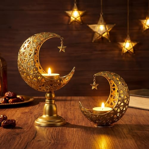 Perthlin 2 Pezzi Portacandele a Forma di Luna Dorata Portacandele in Metallo Decorazioni per Ramadan Decorazioni da Tavolo per Eid Mubarak Compleanno Matrimonio Chiesa Natale