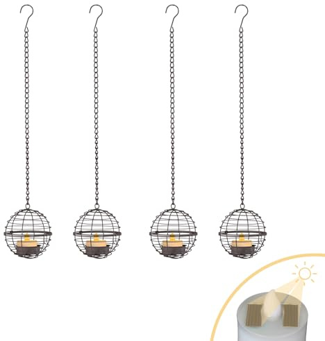 LUCOZA Lanterne Solaire Suspendue avec Bougies Chauffe-Plat pour l'Extérieur, Ensemble de 4 Porte-Bougies en Fer avec Bougies Chauffe-Plat Solaires pour Jardin Terrasse Clôture Arbre, Gris