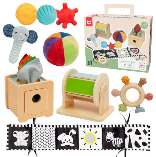 Nene Toys Giocattoli Montessori 0–6 Mesi – Set Sensoriale 7-in-1 in Legno con Libro in Bianco e Nero, Scatola dei Fazzoletti, Tamburo Rotante, Palline, Massaggiagengive & Sonaglio – Regalo Neonato