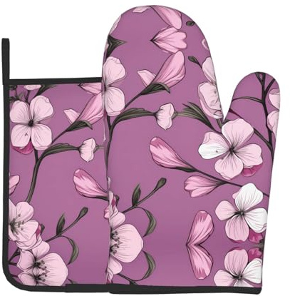 Ofenhandschuhe, Topflappen-Set mit Azaleen-Motiv, gemustert, isoliert, geeignet für Ofen, Mikrowelle, Backen, Kochen und mehr