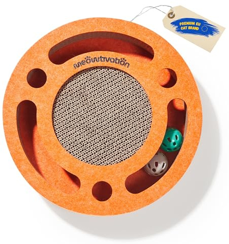 Tiragraffi per gatti con pista a sfere con campanellino – Gioco interattivo per gatti, tappetino tiragraffi in cartone ondulato con erba gatta, tavola tiragraffi, accessori per gatto (Arancione)