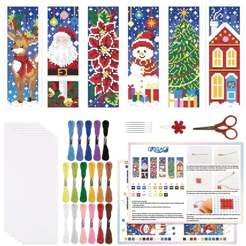 ORIGACH 6 Stück Weihnachten Kreuzstich Lesezeichen Set für Anfänger | 11CT Kreuzstich Set mit Anleitung Vorgedruckt, Vorgedruckt Sticken Lesezeichen-Set für Erwachsene Buch-Liebhaber