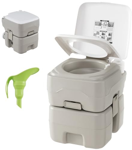 SOARS WC portatile da campeggio, WC portatile con pompa di risciacquo, serbatoio d'acqua 20 l + 10 l, carico 200 kg, altezza seduta 42 cm, imbuto telescopico, per campeggio, viaggio, auto, grigio