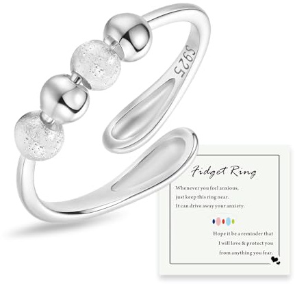 HEEYA Anti Stress Ringe für Damen Silber 925 Spinner Ring Anxiety Ring Offen Verstellbar Angst Ringe mit Perlen Frauen Hypoallergen Stimmungsring Schmuck Geschenk gegen Stress Unisex