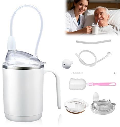 XPJBKC Adult Sippy Cups for The Elderly Non Spill, 4 in 1 Sippy Cup for Adults, 450ml Anti Choke Spill Proof Cups with Lid, 2 Straw, Straw Brush, Cup Brush, Beakers for Elderly for Disabled Adults